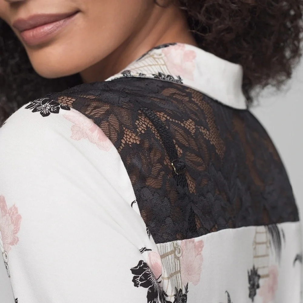 Soma Signature Lace Long Sleeve Notch Collar Pajama Top Majestic Birds Medium - Picture 4 of 8
